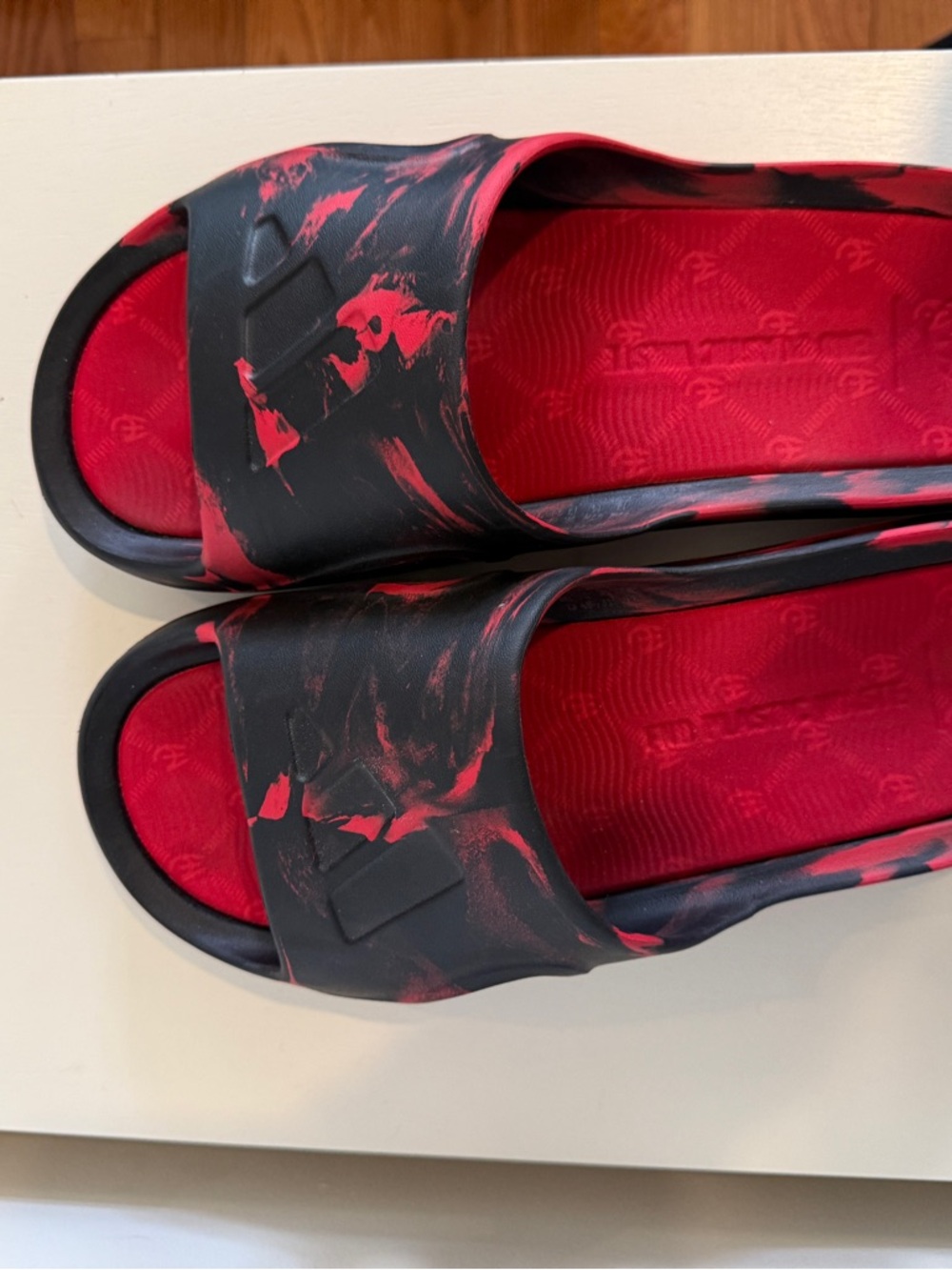 adidas x Mahomes Men's Black and Red Marbled Slide Sandals